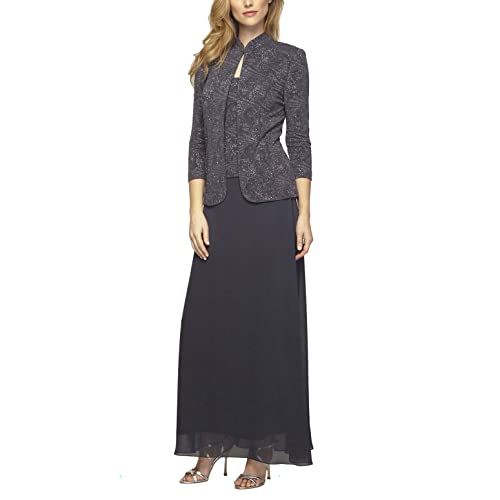 Alex Evenings Women's Long Dress with Mandarin Neckline Jacket, Smoke, 18