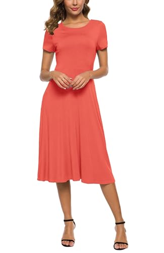 Image of EXCHIC Women's Casual Round Neck Short Sleeve Midi Dress Solid Stretchy Waist Knee Long Dress