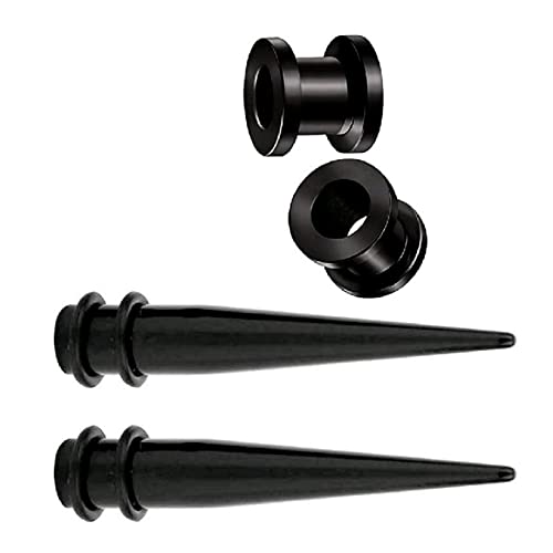 Stainless Steel Ear Gauge Taper Stretching and Single Flare Plugs Flesh Tunnel Kit (1G - 7mm) 2 Steel Tapers & 2 Steel Tunnels (4 Pieces) Tunnels Ear Stretching Kit Gauges Gauging Plugs