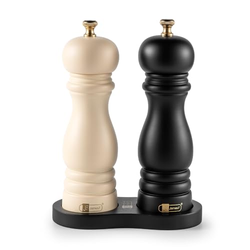 Salz und Pfeffermühle mit Tablett Akazienholz Holz-Pfeffermühle 2er-Set Manuelle Salz-Pfefferstreuer-Mühle Pfeffer und Salzmühle Keramikmahlwerk 7 Zoll (Schwarz und Beige)