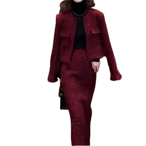 Women's Woolen Sequin Short Tassel Patchwork Midi Skirt 2-Piece Elegant Party Outfits Suit