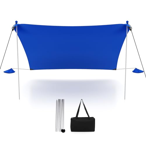COSTWAY Beach Tent 3m x 3m, UPF 50+ Sun Protection with 4 Sandbags, Pegs, 2 Poles and Carry Bag, Portable and Easy Install Sun Shade for Camping, Picnic