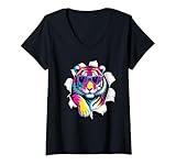 Mujer Paint Art Tigre Gafas de Sol Tigres Camiseta Cuello V