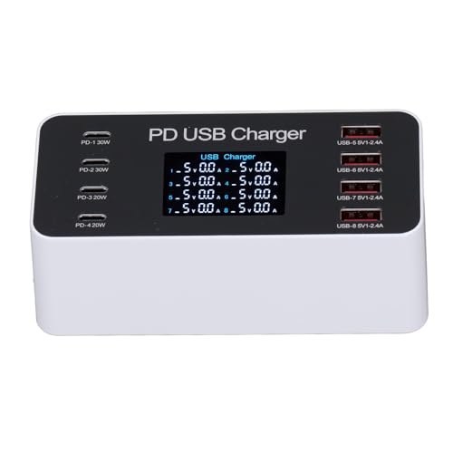 Wieloportowa ładowarka USB, 8-portowa Stacjonarna Stacja ładująca USB z Wyświetlaczem LCD, funkcją Zapobiegania Przeciążeniom i Zwarciom, do Smartfonów, Tabletów (wtyczka UE)