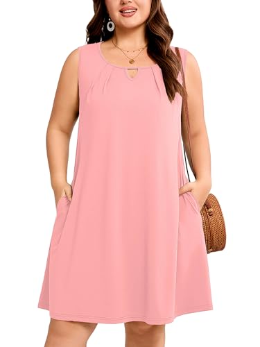 Image of AusLook Plus Size Summer Midi Dress for Women Sleeveless Casual A Line Swing Dress with Pockets Keyhole Neck Beach 1X-5X