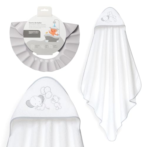 Interbaby - Capa de Baño Bebé + Gorro Ajustable | Toalla con Capucha 100% Algodón Unisex | Suave, Secado Rápido | Ideal para Recién Nacidos, Bebes y Niños Pequeños | Diseño Oso Elefante Globos