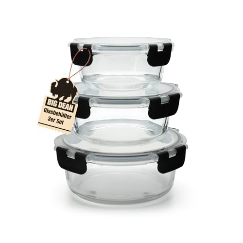 BigDean Glasbehälter mit Deckel in 3 Größen - Mikrowellengeschirr Glas - Meal Prep Container - Runde Glasbehälter Mikrowellengeschirr Glas mit Deckel