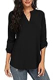 NILOUFO Womens Casual Summer Shirts Notch V Neck Blouses 3/4 Roll Sleeve Tops Tunics(Black, Large)