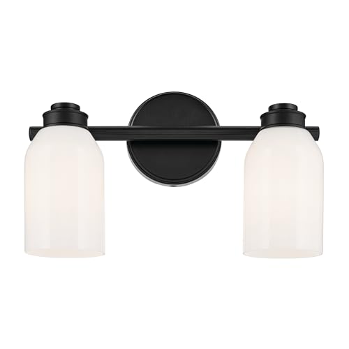Image of Kichler Shae 2-Light Bathroom Vanity Light, Black | White opal glass vanity light for modern bathroom mirrors (15 inch x 9 inch), 55201BK