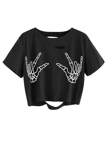 Image of Avanova Women Skull Finger Graphic Distressed Tee Shirt Ripped Short Sleeve Crop Tops