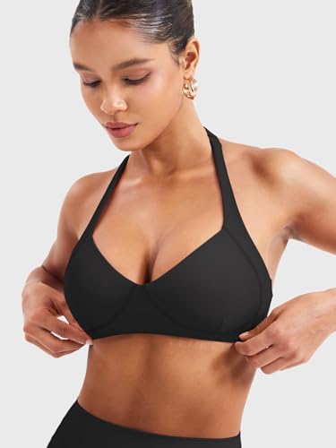 YEOREO Women Halter Sports Bra Light Support V Neck Padded Strappy Open Back Workout Gym Tops4