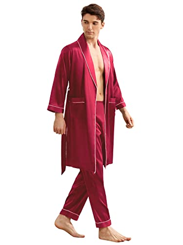 Wdirara Men's Satin Sleepwear 3/4 Sleeve Belted Robe And Pants Pajamas Set Burgundy Solid M #TOP2