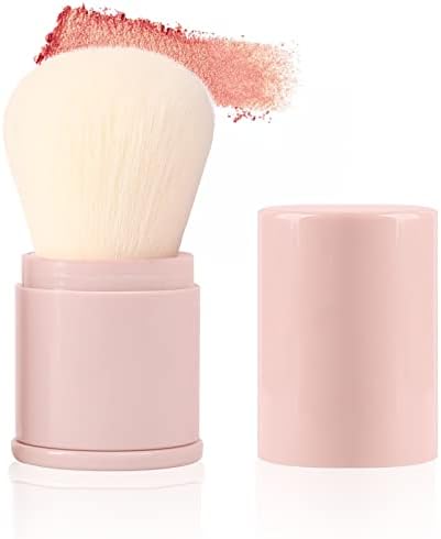 Portable Travel Powder Blush Brush by ENZO KEN, Retractable Makeup Brushes with Cover, Small Kabuki Brush for Contour Face, Buffing, Bronzer. Premium Vegan Plant Fiber, Flawless Powder Cosmetics. (Pink04)
