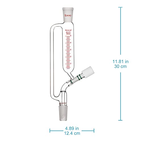 stonylab Graduierter Druckausgleichs Zusatztrichter, Borosilikatglas Tropftrichter mit 24/40 Gelenk und Hochvakuumventil für Laborglas Zusatztrichter, 50 ml