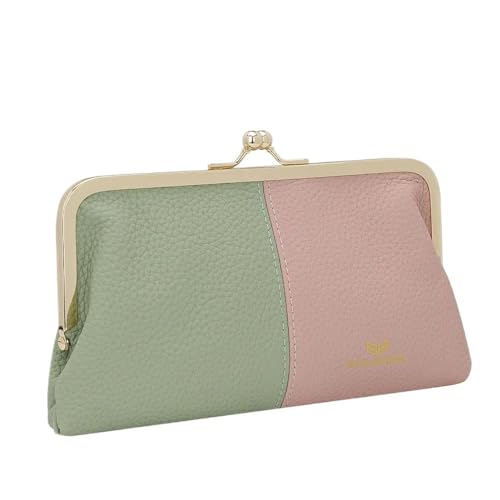 RFID Contrast Women's Clutch Purse, Genuine Cow Leather Wallet with Kiss Lock, Multi-card Slots Card Holder 1868 (Green Pink)