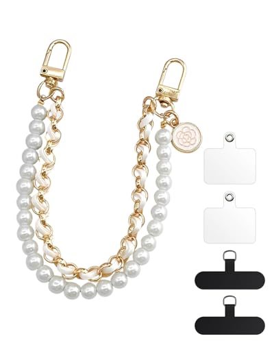 FUGLUS Correa para Teléfono Móvil con Cuentas, 1pcs Cadena de Teléfono Bohemia, Perla Cordón para Teléfono con Cadena de Cuero de Metal et Flores, Antipérdida Móvil Colgante para Teléfono Móvil