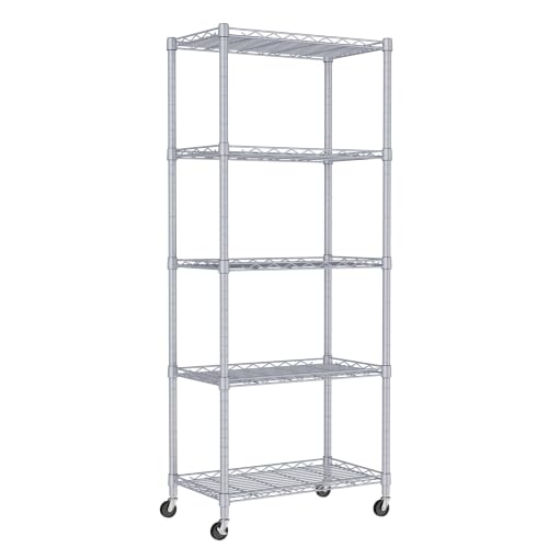 Image of REGILLER 5-Wire Shelving Metal Storage Rack Adjustable Shelves,Standing Storage Shelf Units for Laundry Bathroom Kitchen Pantry Closet(Silver,11.8 inch D x 21.2 inch W x 55 inch H,With Wheels)