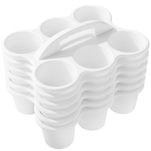 ALINK 6 Pack Classroom Caddy Storage Basket with Handle, Plastic Drink Cup Caddy Holder, 6 Compartments for Kids, Table, Office, Arts, Crafts, Crayon, Marker, Pencil, School Supplies - White