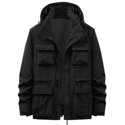 Dmmtot Chaqueta para hombre al aire libre con múltiples bolsillos, casual, color sólido, con cremallera, multifuncional, desmontable, manga larga, con capucha, cortavientos, chaqueta de combate,