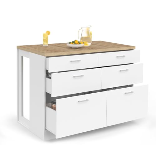 IDMarket - Ilot Central Mange-Debout Orso 120 cm casserolier 6 tiroirs Blanc et Plateau Bois