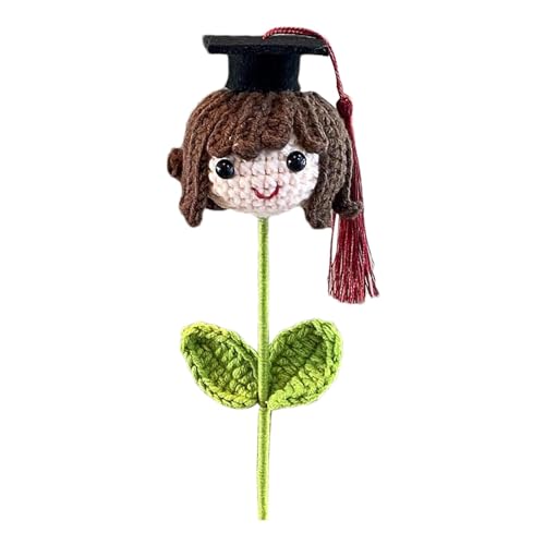 Duroecsain Bouquet di fiori a maglia di laurea, all'uncinetto per laurea, bouquet di cappello di laurea a maglia, bambola all'uncinetto con fiori di lana fatti a mano, cappello