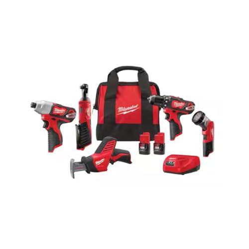 Milwaukee 2498-25 M12 12V Cordless 5-Tool Combo Kit: 2407-20 3/8 in.Drill/Driver + 2462-20 1/4 in. Hex Impact Driver+2420-20 Hackzall Recip Saw+2457-20 3/8 in.Ratchet+49-24-0146 LED Worklight,YKGAV