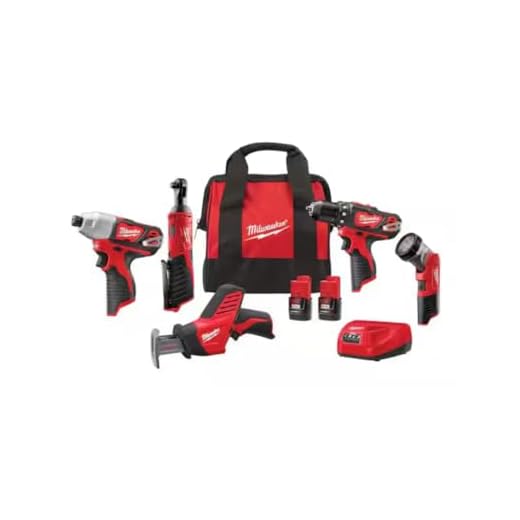 Milwaukee 2498-25 M12 12V Cordless 5-Tool Combo Kit: 2407-20 3/8 in.Drill/Driver + 2462-20 1/4 in. Hex Impact Driver+2420-20 Hackzall Recip Saw+2457-20 3/8 in.Ratchet+49-24-0146 LED Worklight,YKGAV