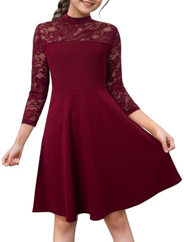 HOMEYEE Mädchenkleid Blumenspitze A-Linie 3/4 Ärmel Knielang...