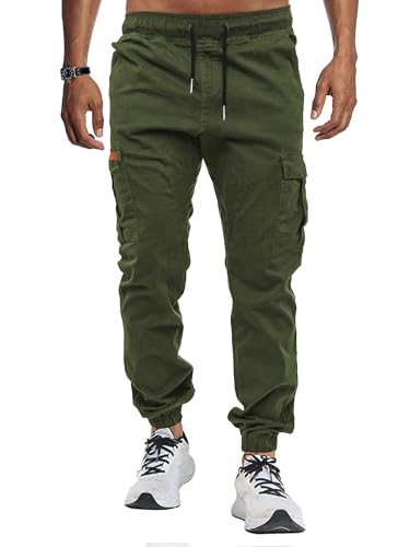 KUNJLELP Joggers for Men UK Multi-Pocket Design Mens Black Cargo Trousers for Casual Outdoor Hiking,Army Green 05,L