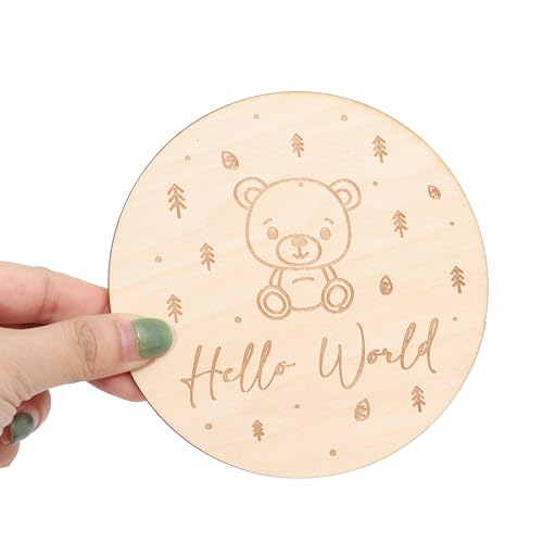 Image of Wooden Hello World Birth Announcement Sign - Teddy Bear Theme Baby Welcome Card for Newborn, Wood Birth Announcement Discs, Wooden Baby Cards First Year, Baby Shower Gift, Gift for Newborn