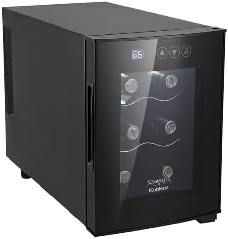 Koblenz Wine Chiller 6 Bottles of 750 ml, One Zone Temperature, Thermoelectric Wine Cava with Digital Display and Touch Controls of Temperature and Interior Light, Black (EVFK-06)