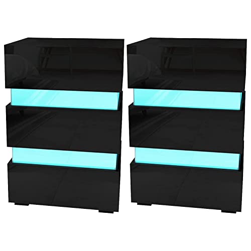 AINPECCA Table de Chevet Lot 2 Table de Nuit avec 3 Tiroirs Glissant,16 Couleurs Variée RVB LED d'éclairage pour Chambre à Coucher, Salon (Blanc, Ensemble 2, 60x40x54 cm) Cover