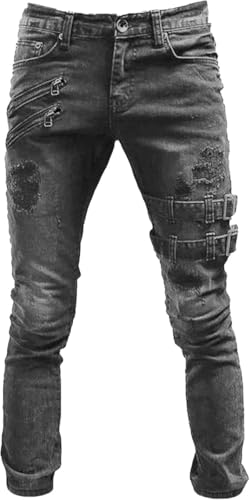 Maiyifu-GJ Men's Ripped Distressed Biker Jeans Slim Fit Stretch Hip Hop Denim Pants Fashion Tapered Leg Zipper Jeans Pants (Grey,3X-Large)