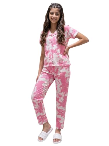 Image of Li'l Tomatoes Girls 100% Cotton Night Suit Set | Half Sleeve Shirt & Pyjama Set | Soft & Breathable Sleepwear | Casual Summer Wear | 9-16 Years