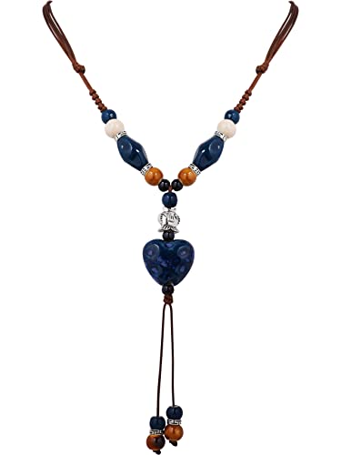 Hanary Collier bohème hippie en céramique avec cœur bleu marine - Bijou d'été bohème - Cadeau pour femme