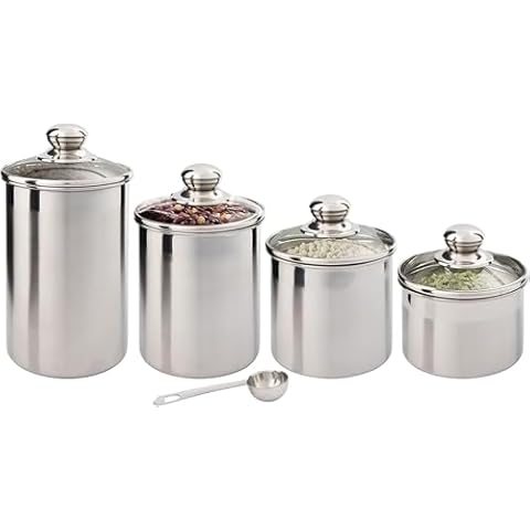 Kitchen Canister Set - Airtight Stainless Steel Canisters with Glass Lids - Organization Containers for Kitchen - Ideal for Dry Food, Flour, Sugar, Coffee, Rice, Tea & Pantry Storage (4 PCS Small) Cover