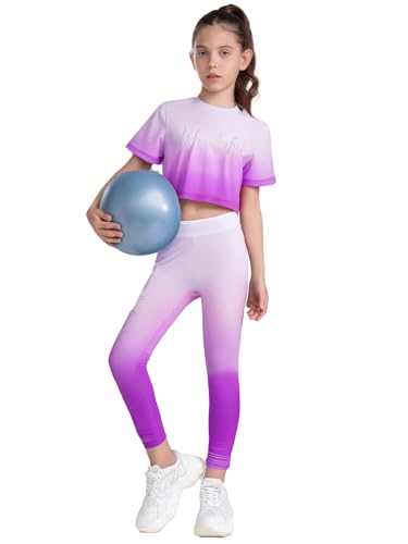 TiaoBug Kids Girls 2Pcs Gymnastics Dance Sports Set Short Sleeve Gradient Color T-Shirt Vest Leggings Set3