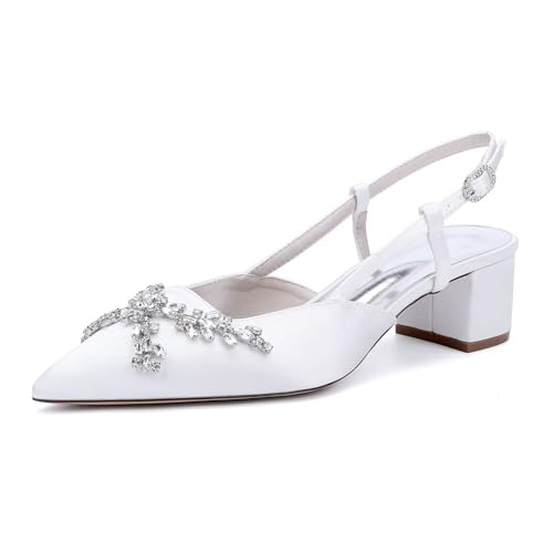 Women's Rhinestone Low Chunky Heels for Women Satin Pointed Toe Low Heel Pumps Ankle Strap Bridal Prom Wedding Dress Shoes