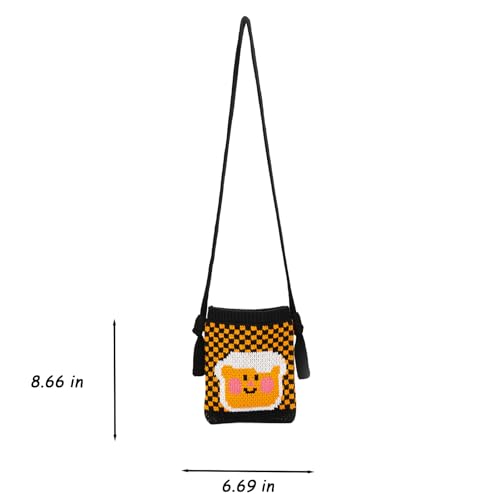 Checkered Crossbody Bag Cute Cartoon Toast Knit Crossbody Bag Checkerboard Mini Shoulder Purse Kawaii Knitted Small Bag Y2k2