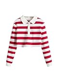 Floerns Girls Striped Print Long Sleeve Half Button Collar Crop Tops Red and White 9Y