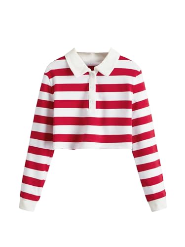 Floerns Girls Striped Print Long Sleeve Half Button Collar Crop Tops Red and White 9Y