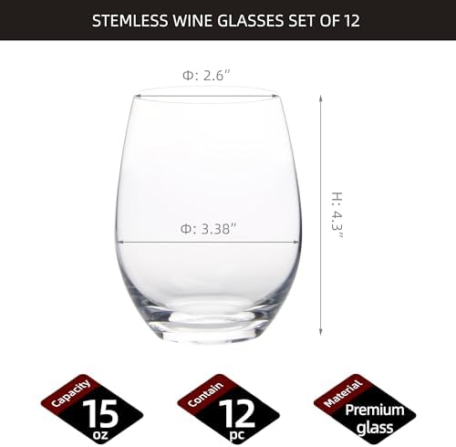 Stemless Wine Glasses Set of 12, 15 Ounce Smooth Rim Standard Wine Glass Tumbler for Red, White Wine, Dishwasher Safe - Thumbnail 3