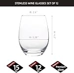 FAWLES Crystal Stemless Wine Glasses Set of 12, 15 Ounce Smooth Rim Standard Wine Glass Tumbler for Red, White Wine, Dishwasher Safe