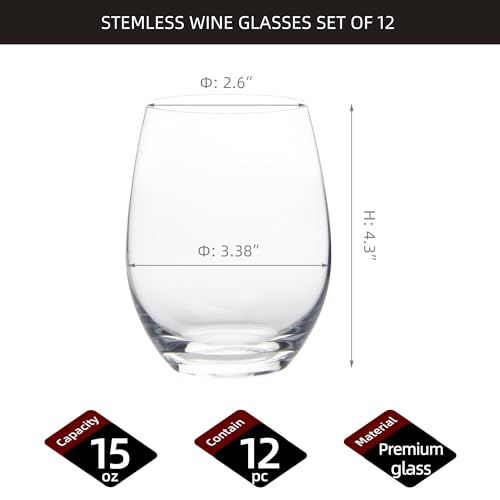 Fawles G4015 Stemless Wine Glasses Set Of 12, 15 Ounce Smooth Rim Standard Wine Glass Tumbler For Red, White Wine, Dishwasher Safe thumb #1