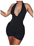 WDIRARA Women's Deep V Neck Sleeveless Halter Romper Lace Up Backless Skinny Knit Sexy Tank Jumpsuit Shorts Black X-Small