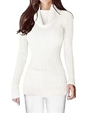 v28 Sweaters for Women Long Sleeve Soft Knitted Ribbed Cowl Neck Fitted Bodycon Sexy Pullover-M,WH