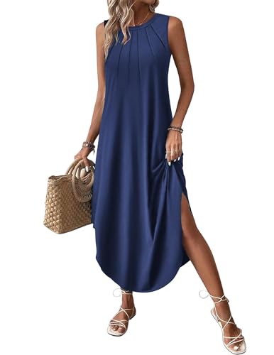 Image of Zeagoo Women Floral Summer Casual Beach Printed Tank Dress with Pockets Pleated Front Long Dress