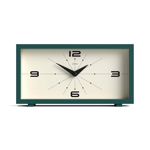 JONES CLOCKS® Odeon Desk Clock | Modern Rectangular Design | Green | Stylish Retro Look for Shelf, Table, Mantel or Bedside