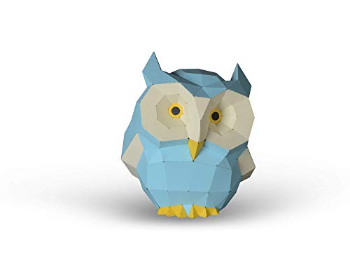 Little Owl Paper Sculpture,Pre-cut DIY Papercraft Kit,Handmade Animal Figurine,Light Blue Color,Low Poly Home Decor,All Accessories Included