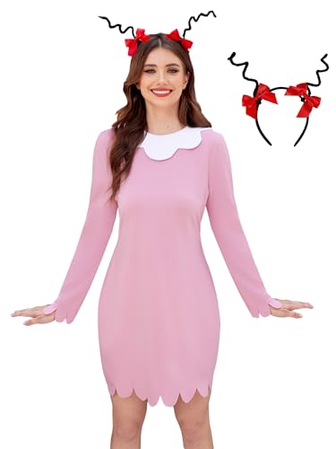 Women Christmas Cindy Lo Who Costume Adult Pink Dress Long Sleeve Xmas Dr Saus Outfits with Headband S